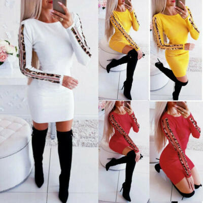 

Sexy Womens Long Sleeve Bodycon Mini Dress Round Neck Party Cocktail Dresses AU