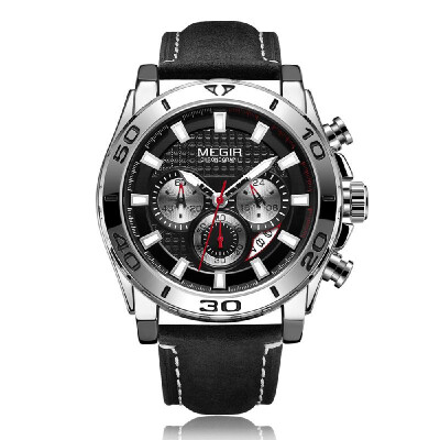 

MEGIR 2094 Men Watch Quartz Sport Simple Wristwatch Leather Strap 3ATM Waterproof Calendar Chronograph Luminous Hands Fashion Casu