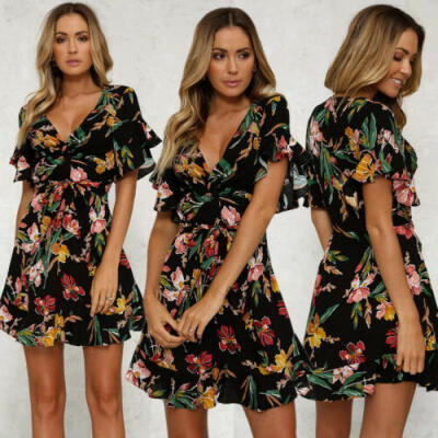 

UK Women Short Sleeve Wrap Boho Floral Mini Dress Ladies Summer Sundress Holiday