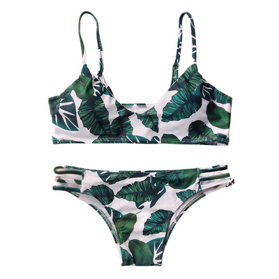 

Palm Leaf Print Strappy Bikini