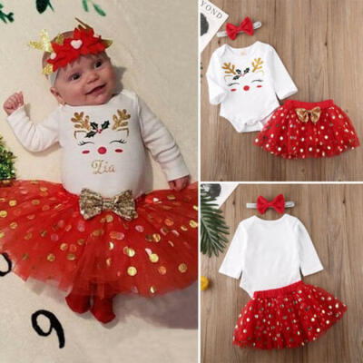 

USA Newborn Baby Girls Christmas Clothes Romper Tops Tutu Skirt Outfits 3PCS Set