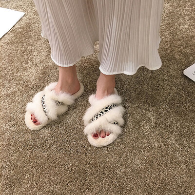 

Mingyuanfeng sandals for women wearing autumn-style Korean leopard-print fur shoes with open toes&flat soles