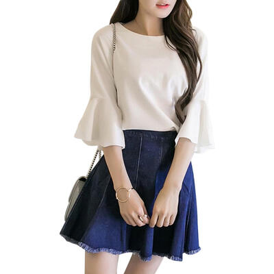 

Women Korean Style T Shirt Summer Flare Sleeve Students Sweet Loose Tops