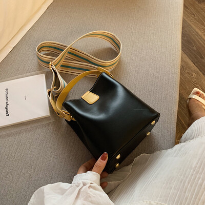 

Tailored Fashion Women Double Color Patchwork leather Crossbody Bag Handle Bucket Bags