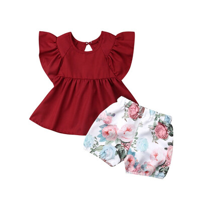 

2Pcs Kids Baby Girl Ruffle Dress Tops T-shirt Floral Shorts Pants Clothes Outfit