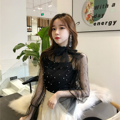 

Office Net Yarn Perspective Women Blouse Summer BeadingLong Flare Sleeve Bow Tie Callor Mesh Blusa Transparent Solid Tops
