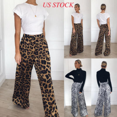 

USA Womens High Waist Plain Palazzo Wide Leg Flared Ladies Loose Trousers Pants