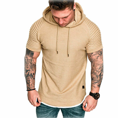 

Fashion Mens Slim Fit Solid hooded Hoodie Short Sleeve Casual T-Shirt Tops