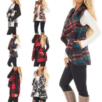 

Womens Collar Waistcoat Plaid Jacket Duster Coats Ladies Outwear Loose Cardigan