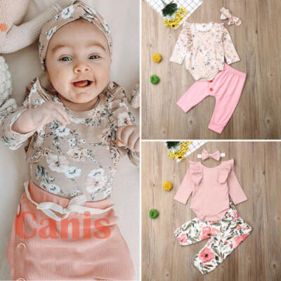 

Newborn Infant Baby Girl Floral Outfit Clothes Ruffle TopsPantsHeadband Set