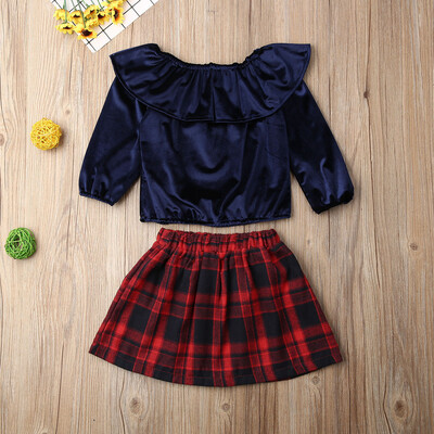 

Kids Baby Girls Xmas Outfits Tops Plaid Dress Skirt Fall Winter Clothes 2Pcs Set