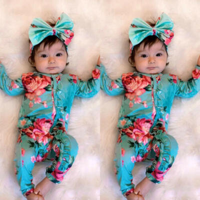 

Infant Baby Girl Floral Cotton Romper Bodysuit JumpsuitHeadband Clothes Outfit