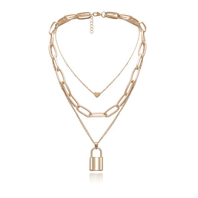 

Multi Layer Lover Lock Pendant Necklace Punk GoldSilver Padlock Heart Long Chain Choker Fashion Charm Women Statement Jewelry