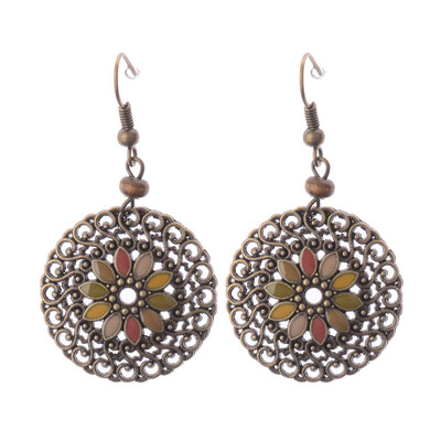 

Flower Pattern Sweet Dangle Earrings Boho Style Vintage Hollow Round Lady Girls Pendant Hollow Enamel