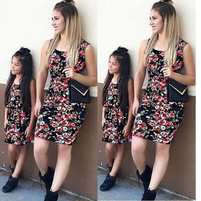 

New Women Mother Daughter Matching Dresses Summer Girl Floral Dress Clothes Outfit FASHION