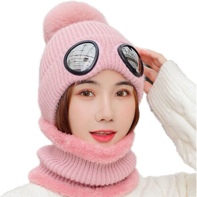 

2Pcs Scarf Hat Set Women Winter Warm Solid Pompoms Knitted Soft Caps And Scarves