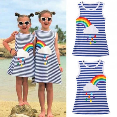 

Canis 1-6Y Baby Kids Girls Sister Rainbow Striped Summer Dress Party Sundress Clothes