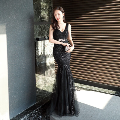 

Sexy Prom Dresses Floor-Length Sequin V-Neck Mermaid Evening Dress Female Banquet And Annual Meeting Long Dress