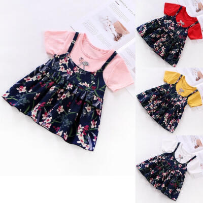 

Cute Newborn Baby Girls Toddler Short Sleeve Princess Dress New Baby Girl Clothes Fake Two Pieces Patchwork Sweet Floral Dress