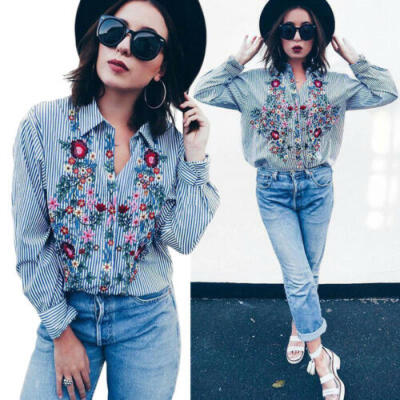 

Fashion Women Floral Embroidered Casual Blouse Long Sleeve Striped Shirt Tops