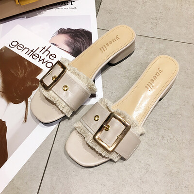 

One-word slippers for women wearing summer Korean version of 100-band belt buckle fringed mid-heeled fairy beach slippers