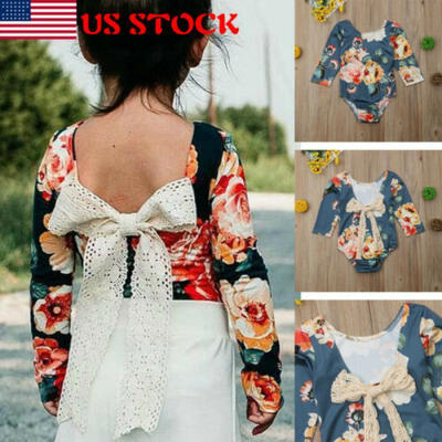 

US Baby Infant Kids Girl Floral Romper Jumpsuit Bodysuit Tops Long Sleeves Lace