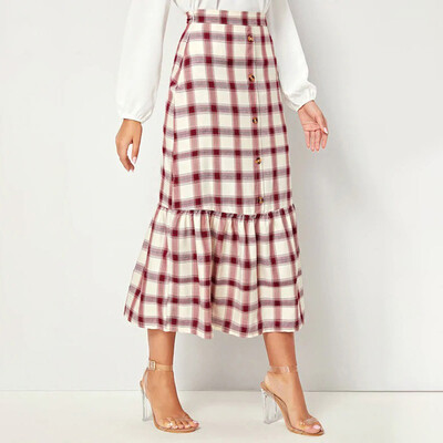 

2019 Womens A-Line Stretchy Button Front Knee Length Skirt With Pockets