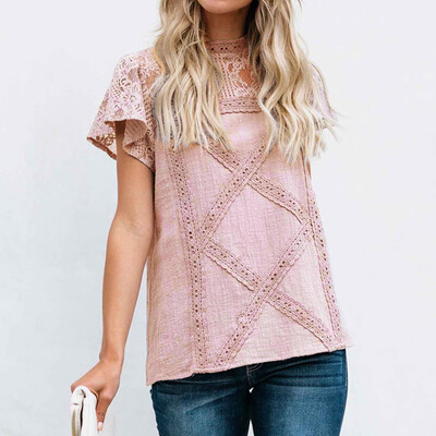 

Nomeni Womens Lace Patchwork Flare Ruffles Short Sleeve Cotton Shirt Blouse Top Plus