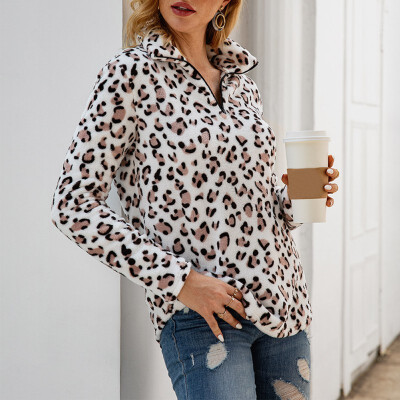 

Hoody Women Plush Sweatshirt Zipper Leopard Print Lapel Long Sleeve Casual Warm Winter Autumn Loose Tops White Gray