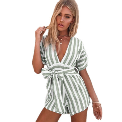 

Starmoon Women Summer Fashion Stripe Short Sleeve Mini Belt Casual Jumpsuit