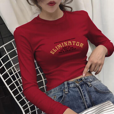 

Women T-Shirt Long Sleeve Letter Print Tees Female O-Neck Slim Tops Casual Ladies Autumn Tee Shirt