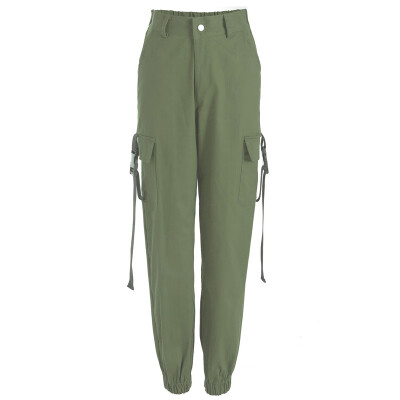 

Womens Summer Pocket Cargo Pants Ladies Casual Solid Color High Rise Trousers