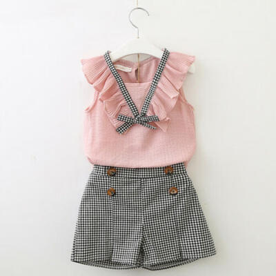 

Summer Kids Baby Girl Sleeveless Tops ShirtPlaids Shorts Pants 2pcs Clothes Set