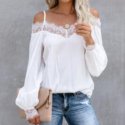 

Tailored Women Casual Solid Off Shoulder Lace Strap Long Sleeve Tops Blouse T-shirt