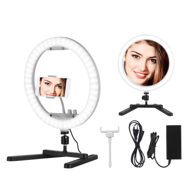 

13 Inch Selfie Desktop LED Ring Light 30W Stepless Dimmable Fill Light 3200K-5600K with Mirror Table Bracket Phone Holder Lighting