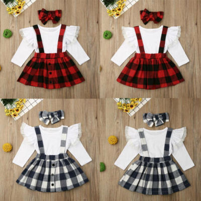 

Cute Toddler Kids Baby Girls Clothes TopsPlaid Bib DressHeadband Outfits Set