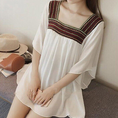 

Women Square Neck Embroidery Top Flare Sleeve Loose Blouse&Tops