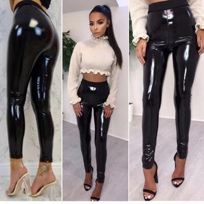 

Fashion Women Black Shiny PVC Wet Look High Waist Skinny Leggings Disco Vinyl Pencil Pants Trousers -XL
