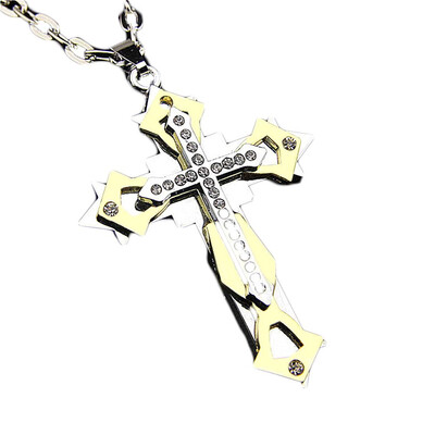 

Men Chain Necklace Punk Style 3 Layer Titanium Steel Filled Clear Crystal Cross Pendant Necklaces Long Sweater Chain