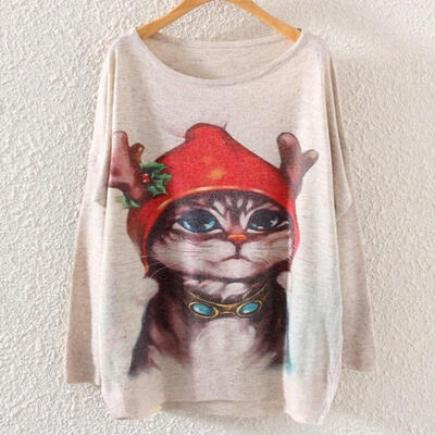 

Women Batwing Sleeve Xmas Cat Print Loose Sweater Pullover Knitwear Tops