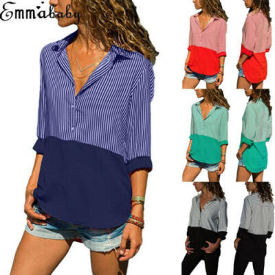 

US Women Long Sleeve Loose Blouse Casual Striped Button Down Shirt T-Shirts Top