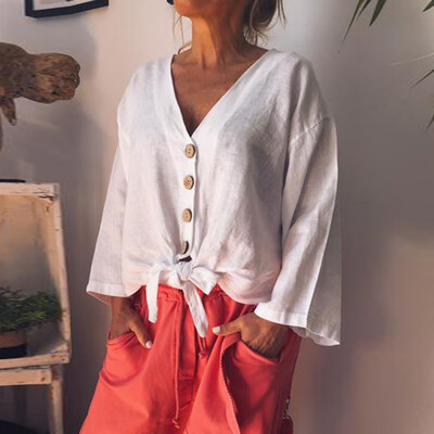 

Womens V-Neck Long Sleeve Sunscreen Casual Solid Color Shirt Tops