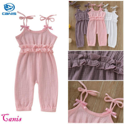 

UK Sale Baby Girl Strap Jumpsuit Bodysuit Ruffled Playsuit Solid Cotton Outfits