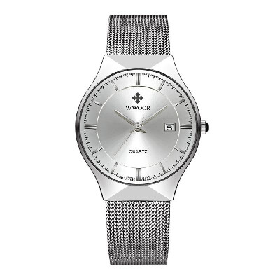 

WWOOR 2016 Ultra Thin Dial Fashion Mesh Stainless Steel Watches Calendar Quartz Analog Men Casual Wristwatch 30M Water-Proof Wat