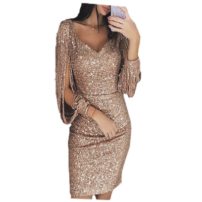 

Ladies Women Sexy Long Sleeve V Neck Bodycon Dress Slim Fit Sequin Night Club Party Mini Dresses