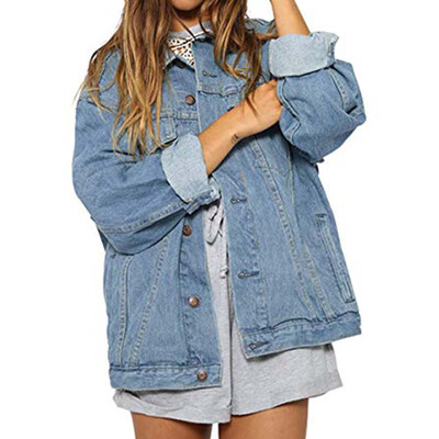 

Roseonmyhand Women Autumn Winter Denim Jacket Vintage Long Sleeve Loose Jeans Coat