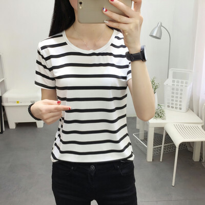 

Womens Fashion Short Sleeve Round Neck Stripe Casual Shirts Tops Blouse T-Shirt