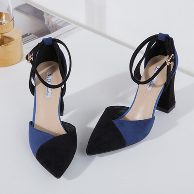 

Womens shoes Korean version of 100 pointed high heels color thick heel sandals shallow one word with hollow single shoes