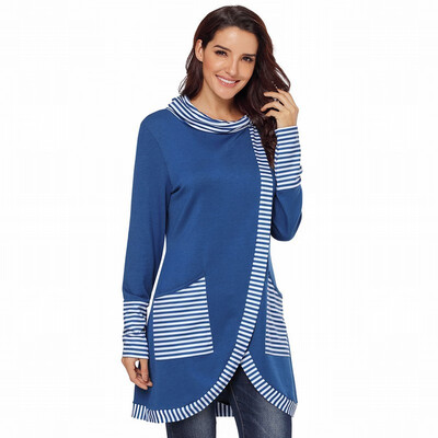 

High-neck long-sleeved asymmetric striped mid-length coat womens sweatshirt