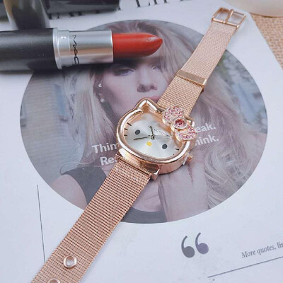 

Hello kitty kt cat head kitty cat diamond child cartoon steel belt watch cute girl cartoon watch Rose